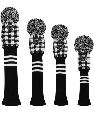 Scott Edward Handmade Knitted Golf Head Covers Set - 4PCS Black White Gingham Pom Pom Design for Driver & Fairway Woods - Buy Online on GoSupps.com