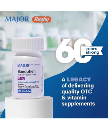 MAJOR Banophen Diphenhydramine HCI 25 mg Minitabs - Temporary Relief from The Symptoms of Hay Fever Common Cold and Upper Respiratory Allergies - Antihistamine Allergy Medicine - 100 Count (1 Pack) 100 Count (Pack of 1) - Buy Online on GoSupps.com