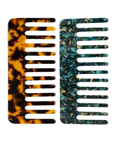 2 Pcs Wide Tooth Comb Hair Detangling Comb Styling Shampoo Comb for Curly Hair Wet Dry Hair Styling (Tortoiseshell Green)