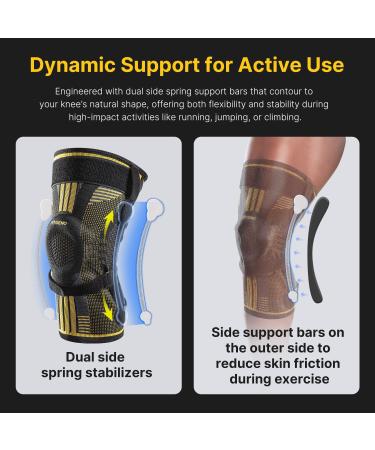 Fit Geno Knee Brace with Side Stabilizers | Breathable Knee Sleeve & Patella Gel Pad for Pain Relief | Ultimate Support for Meniscus Tear Arthritis ACL & PCL - Medium Black-Gold - Buy Online on GoSupps.com