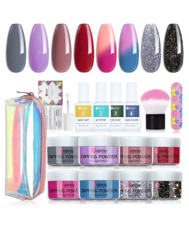 Mobray Dip Powder Nail Kit Starter, 6 Colors Purple Red Grey Glitter and 2 Changing Color Dipping Powder System Kit with Base Top Coat Activator Brush Saver for Beginner Home Salon. Kit 1