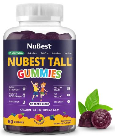 NuBest Tall Gummies for Kids Age 2+ & Teens | Bone Strength Immunity Digestive Health with Calcium Vitamin D3 K2 B Complex Magnesium Zinc | 20+ Vitamins Berries Gummies No Added Sugar