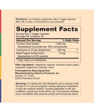 Stop Aging Now - CoQ10 200mg - 60 Capsules - Antioxidant Curcumin Complex Supplement - Buy Online on GoSupps.com