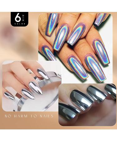 Pockcat 6 Colors Chrome Nail Powder Set for Glittery Metal Mirror Effect - 3D Holographic Ice Aurora Dust Nail Art Kit with Sponge Sticks - Buy Online on GoSupps.com