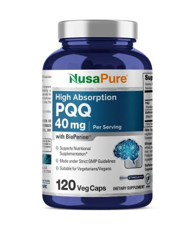 NusaPure PQQ Supplement 40 mg 120 Veggie Capsules Non-GMO Pyrroloquinoline Quinone Disodium Salt Bioperine 120 Count (Pack of 1)