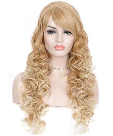 Kalyss Long Curly Wigs with Bangs for Women Big Bouncy Fluffy Kinky Wavy Blonde Wig Heat Resistant Soft Japanese Fiber Synthetic Wig for Daily Use 26 inches 26 inches Blonde
