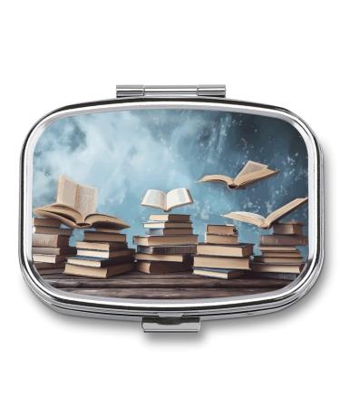 Pill Box Books in The Sky Print 2 Compartment Medicine Pill Case Pill Organizer Decorative Metal Portable Pill Box for Pocket Or Purse Style