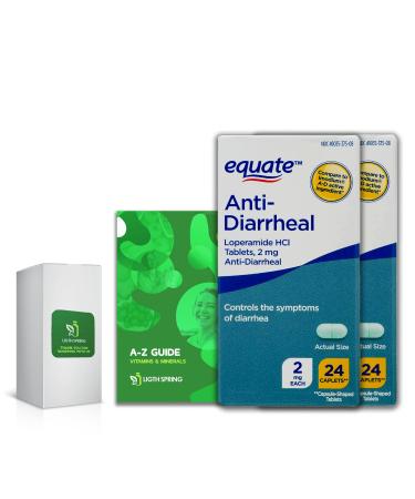Equate Anti-Diarrheal - Loperamide Hydrochloride | 2 mg 24 Caplets (2 Pack) Bundle Exclusive Vitamins & Minerals - A to Z - Better Ligth&Spring Guide (3 Items)