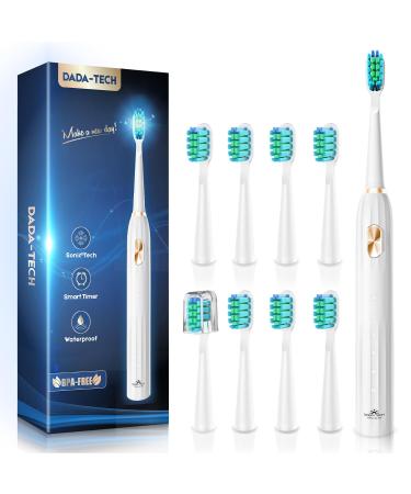 Dada-Tech Sonic Electric Toothbrush for Adults with 90% Rounded Bristles 5 Cleaning Modes 2-Minute Timer and 9 Replacement Reminder Brush Heads (White)