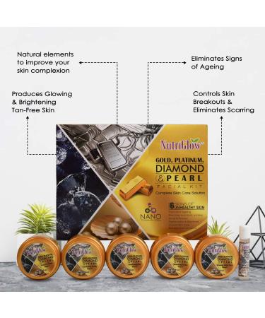 Nutriglow Platinum Diamond Gold and Pearl Facial Kit 6-Pieces Skin Care Kit for Women 250 Gm+10Ml - Buy Online on GoSupps.com
