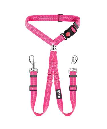 Slowton double strapping belt dog car 2 in 1 healing -free durable elastic dog seat belt dog belt with rotatable stainless steel carabiner for 2 dogs in the vehicle trip for medium -sized dogs pink fluorescent