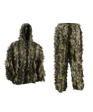 PELLOR Outdoor Camo Ghillie Suits, 3D Leafy Ghille Suit Hooded Hunting Airsoft Camouflage Gillies Suits for Kids & Adults Green Height 3.3-4.3 ft