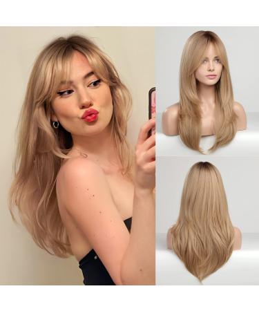 HAIRCUBE Synthetic Hair Wig for Women Long Blonde Layered with Brown Roots 23 inch Golden Ash Blonde