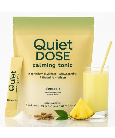 Quiet Dose Calming Tonic Quiet Dose Drink with Magnesium Glycinate Ashwagandha L-Theanine Affron for Relax & Focus Non GMO Vegan On The Go 15-Sticks Pack (Pineapple)