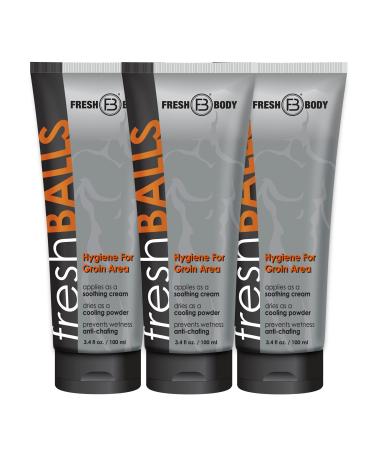 Fresh Body FB - Fresh Balls Lotion 3.4 fl oz (3 Pack) | Anti-Chafing Men's Soothing Cream to Powder Balls Deodorant and Hygiene for Groin Area