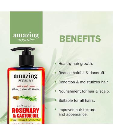 AmazingOrganics 100% Pure Organic Rosemary and Castor Oil - Cold-Pressed for Healthy Hair, Skin, Nails, Eyebrows, and Eyelashes - 250ml - Buy Online on GoSupps.com