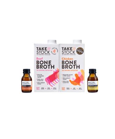 Take Stock Chicken Bone Broth (1) Take Stock Beef Bone Broth (1) (500ML) with 2 Shots of Ginger Honey Turmeric with Apple Cider Vinegar| Low Calorie Keto High Protein & Collagen Supplement 1 Chicken 1 Beef Bone Broth