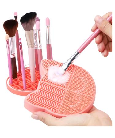 2 in 1 Cat Shaped Makeup Brush Cleaning Mat & Organizer Rack - Portable Silicone Cleaner Tool (Pink) for Effortless Brush Care - Buy Online on GoSupps.com