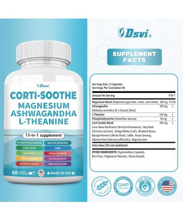 DSVI Corti-Soothe-Cortisol Supplement 200mg Magnesium Glycinate 150mg L-Theanine 150mg Ashwagandha Phosphatidylserine and Herbal Blend Cortisol Manager 60 Capsules USA - Buy Online on GoSupps.com