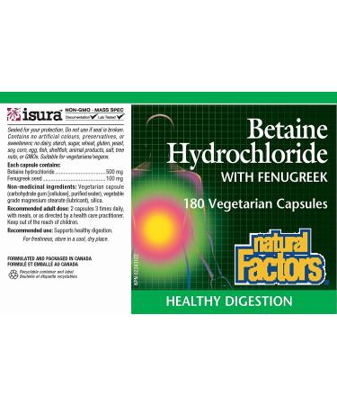 Natural Factors Betaine Hydrochloride with Fenugreek 500mg - 90 Vegetarian Capsules for Digestive Support - Buy Online on GoSupps.com