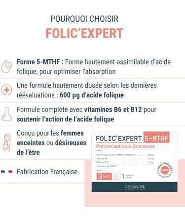 Densmore - Folic'Expert - Vitamine B9 et B12 - 600 g d'Acide Folique - D sir d'Enfant et D but de Grossesse - 90 comprim s - Cure de 3 mois - Fabriqu en France - Buy Online on GoSupps.com