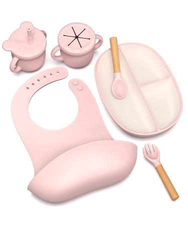 BPA-Free Silicone Baby Feeding Set with Suction Plate and Soft Spoon and Fork and Sippy Snack Cup 2-in-1 Easy-Clean Silicone Soft and Safe Durable and Versatile Hypoallergenic Milky and Pale Pink