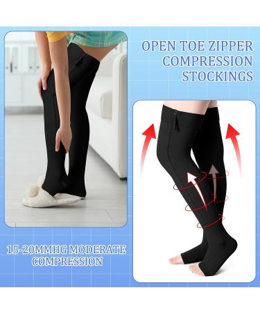 2 Pairs Open Toe Thigh High Zipper Compression Socks 15-20 mmHg for Edema Swelling - Women Men - Buy Online on GoSupps.com