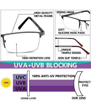 JJWELL Blue Light Reading Glasses 3 Pack for Men | Lightweight Metal Rectangle Semi Rimless Readers | Anti Eyestrain, Computer Glare, UV | Half Frame Spring Hinge Eyeglasses with Pouches | Black Gunmetal Brown 2.0x - Buy Online on GoSupps.com