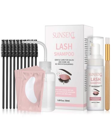 Eyelash Extension Shampoo Kit Oil Free Formula,SUNSENT Eyelash Extension Cleanser,Eye Makeup Remover/Primer for Home & Salon Use,Lash Shampoo 50ml+10pcs Mascara Wand+5 Pairs Under Eye Gel Pads+Brush