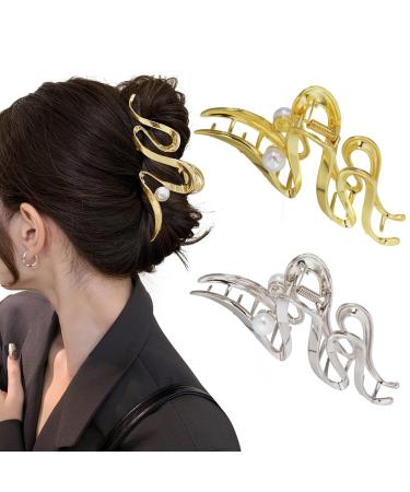 iFiner 2 PCS Metal & Pearl Hair Claw Clips Gold & Silver Color Large Hair Claws Clip Non Slip Barrette Strong Hold Jaw Clamps Fashion Hair Styling Gift Headwear Hair Accessories for Women Girls Pattern A
