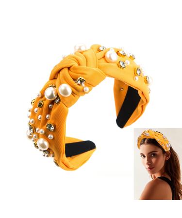 Umimiss Yellow Headband with White Pearl Rhinestone Crystal Jeweled - Head Bands Adult Women Pearl Headband Gold Headband Pearl Hair Accessories Yellow Hair Accessories Boho Head Band Headpieces