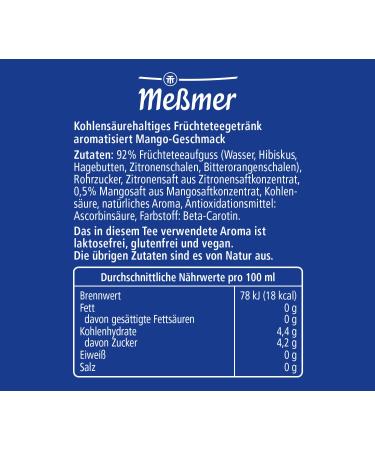 Messmer Cold Tea Sparkling Tropical Mango - 92% Fruit Low Calorie (18 kcal) & Natural Cane Sugar - 330 ml Can - Buy Online on GoSupps.com