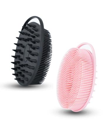 2 PC Oval Silicone Exfoliating Body Scrubber  2 in 1 Silicone Body Shampoo Brush  Soft Silicone Loofah for Sensitive Skin  Shower Silicone Hair Scalp Massager  Easy to Clean  Lather Well (Black&Pink)