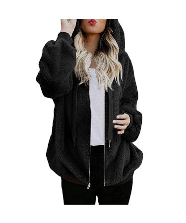cllios Women Hooded Sweatshirts Drawstring Hoodie Zipper Fuzzy Fleece Jacket Plus Size Winter Warm Coat Soft Comfy Sweater 5X-Large Black