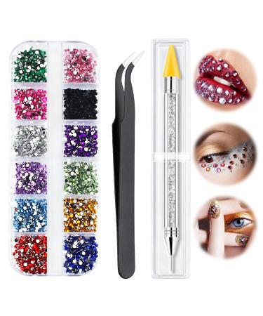 1500 PCS Nail Gems Flat Back Gems with Pick Up Tweezers and Rhinestone Picker Dotting Pen for Nail Gems Stones Crystals Ideal for DIY Nail Art Crafts(12 Color)