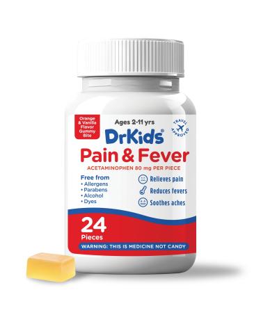 Dr. Kids Children s Pain and Fever Gummy Bite - Chewable Acetaminophen for Kids Ages 2-11 Pre-Measured Soft Chews for Headache Sore Throat Cold and Flu Orange Vanilla Flavor 24 Count 24 Count (Pack of 1)