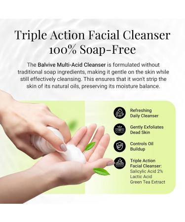 BALVIVE Foaming Facial Cleanser with Salicylic Acid Glycolic Acid & Lactic Acid & Green Tea Extract Face Wash for Acne Oily & Sensitive Skin Makeup Remover & Pore-Cleansing Skincare 6.7 fl oz - Buy Online on GoSupps.com