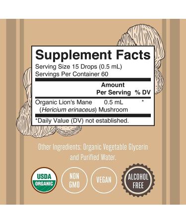 Lions Mane Mushroom Supplement | USDA Organic Nootropic Extract | Neuroprotective Herbal Drops | Vegan & Non-GMO Tincture - 1 Fl Oz - Buy Online on GoSupps.com