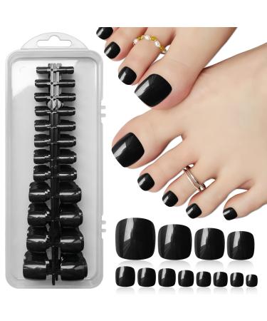LoveOurHome 240pc False Toe Nails Colored Black Press on Toenails Full Cover Short Square Fake Toenails Artificial Pedicure Tips with Tabs Glue for Women Girls