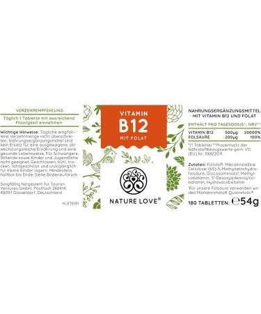 Nature Love Vitamin B12 Vegan - 500 g - 180 Tablets with Adenosyl & Methylcobalamin + Folat 5-MTHF from Quatrefolic - Premium German Quality - Buy Online on GoSupps.com