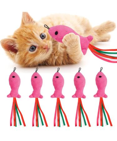 5Pcs Catnip Toy, Cat nip Pink Fish Interactive Cat Toy, Kitten Toys Catnip Filled Plush Toys, Feather Teaser Accessories for Cat Wand Toy, Kitten Teething Chew Toys for Cats