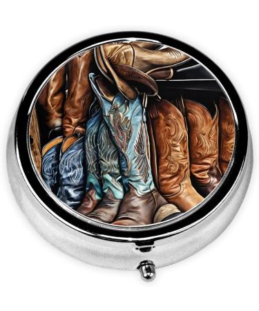 Shop Cowboy Black Hat Western Boots Round Pill Box - 3 Compartment Travel Medicine Organizer | Portable Decorative Pocket Purse - Buy Online on GoSupps.com