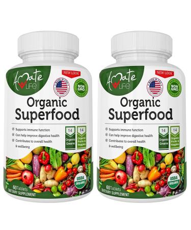 Organic Superfood Greens Fruits and Veggies Complex - Best Dietary Supplement with 14 Greens &14 Fruits & Vegetables with Alfalfa Rich in Antioxidants Organic Ingredients Non-GMO (120 Count Pack of 2) 120 Count (Pack of 1)