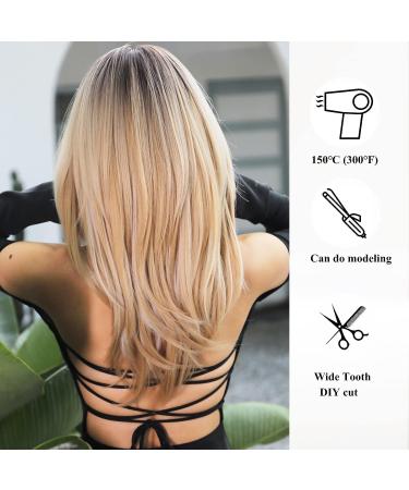 HAIRCUBE Ombre Blonde Shoulder Length Wig with Bangs | Synthetic Layered Wigs for Daily Party | Dark Roots | 24IN - Buy Online on GoSupps.com