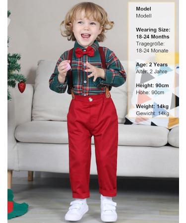 Mint Green Baby Boy Outfits Set 4pcs | Gentleman Wedding Suit 12-18 Months | Long Sleeves Striped Shirts, Trousers, Suspenders, Bowtie | Green & Red - Buy Online on GoSupps.com