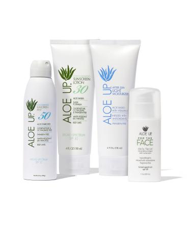 Aloe Up White Collection Sunscreen Spray SPF 50 White Collection Sunscreen Lotion SPF 30 After Sun Light Moisturizer and SPF 25 For the Face Daily Moisturizer Sunscreen - Suncare Bundle - 4 Items