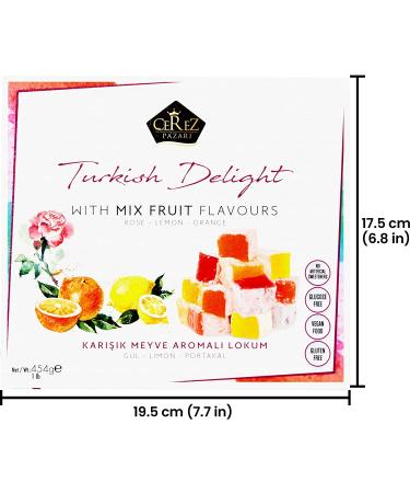 Cerez Pazari 16 Oz Turkish Delight Gift Box | Rose, Orange, Lemon Flavors | Vegan & Glucose Free Traditional Lokum Candy | Medium Size Gourmet Snack - Buy Online on GoSupps.com