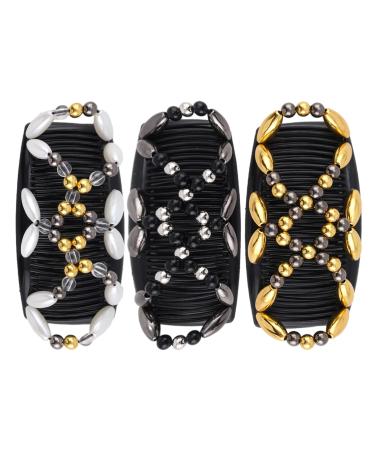 3 Pieces of Beaded Hair Comb Versatile Hair Comb Women's Hair Comb Slide Comb Bun Clip Magic Bead Hair Comb Elastic Hair Clip Suitable for Creating Various Hairstyles (Gun Black White Gold)