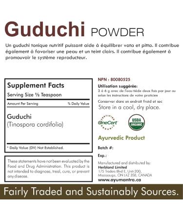 AyuMantra Organic Guduchi Powder (Tinospora cordifolia) - Also known as Giloy (4 Oz / 114 Gm) - Buy Online on GoSupps.com