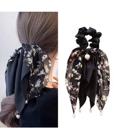 Black Floral Scarf Scrunchie-8.26in Long Tail Hair Bow with Pearl-1pc Fabric Hair Accessory for Women and Girls-Bowknot Ponytail Holder-Bow Hair Bands Ties-Hair Bows for Women Hair Scrunchies with Bow (Black)